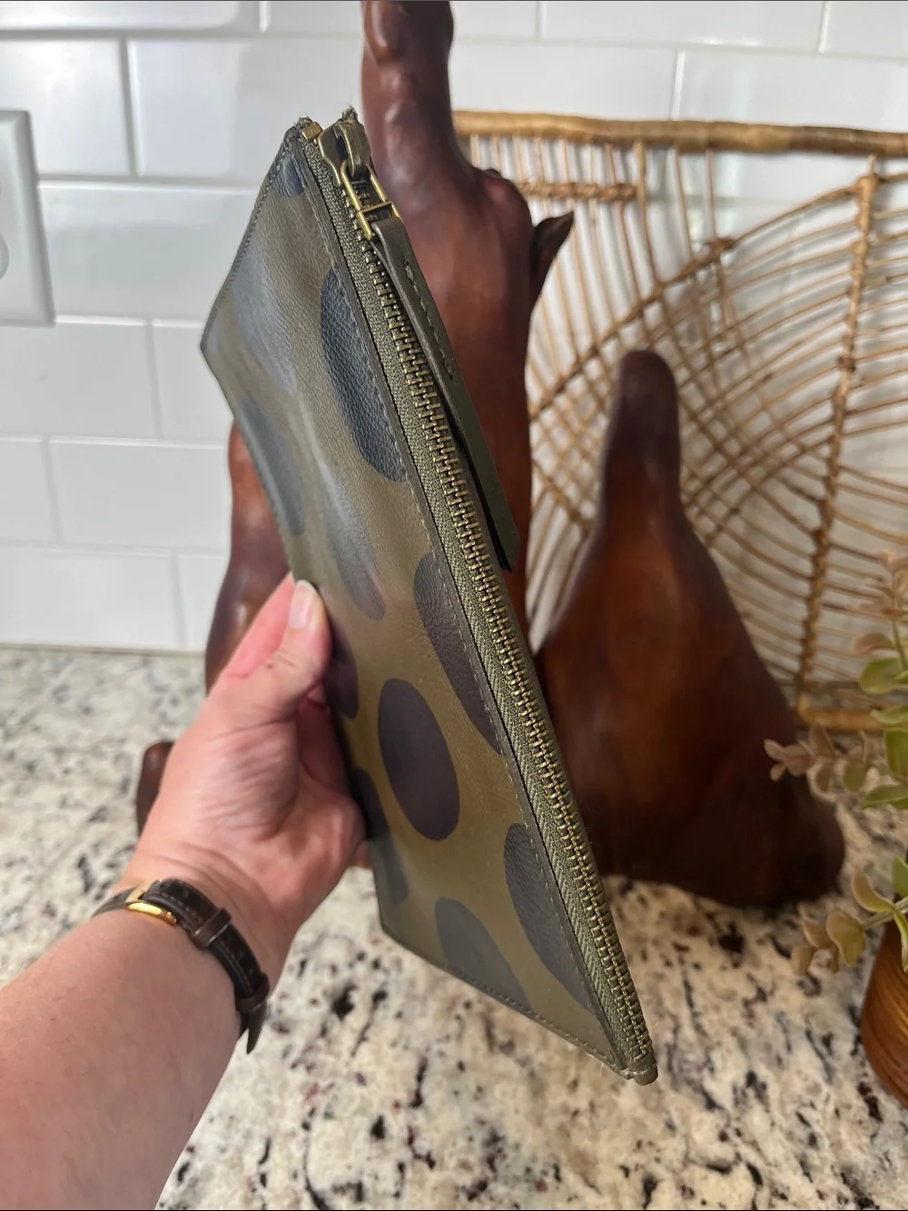 Madewell Polka Dot Olive Green Leather Clutch